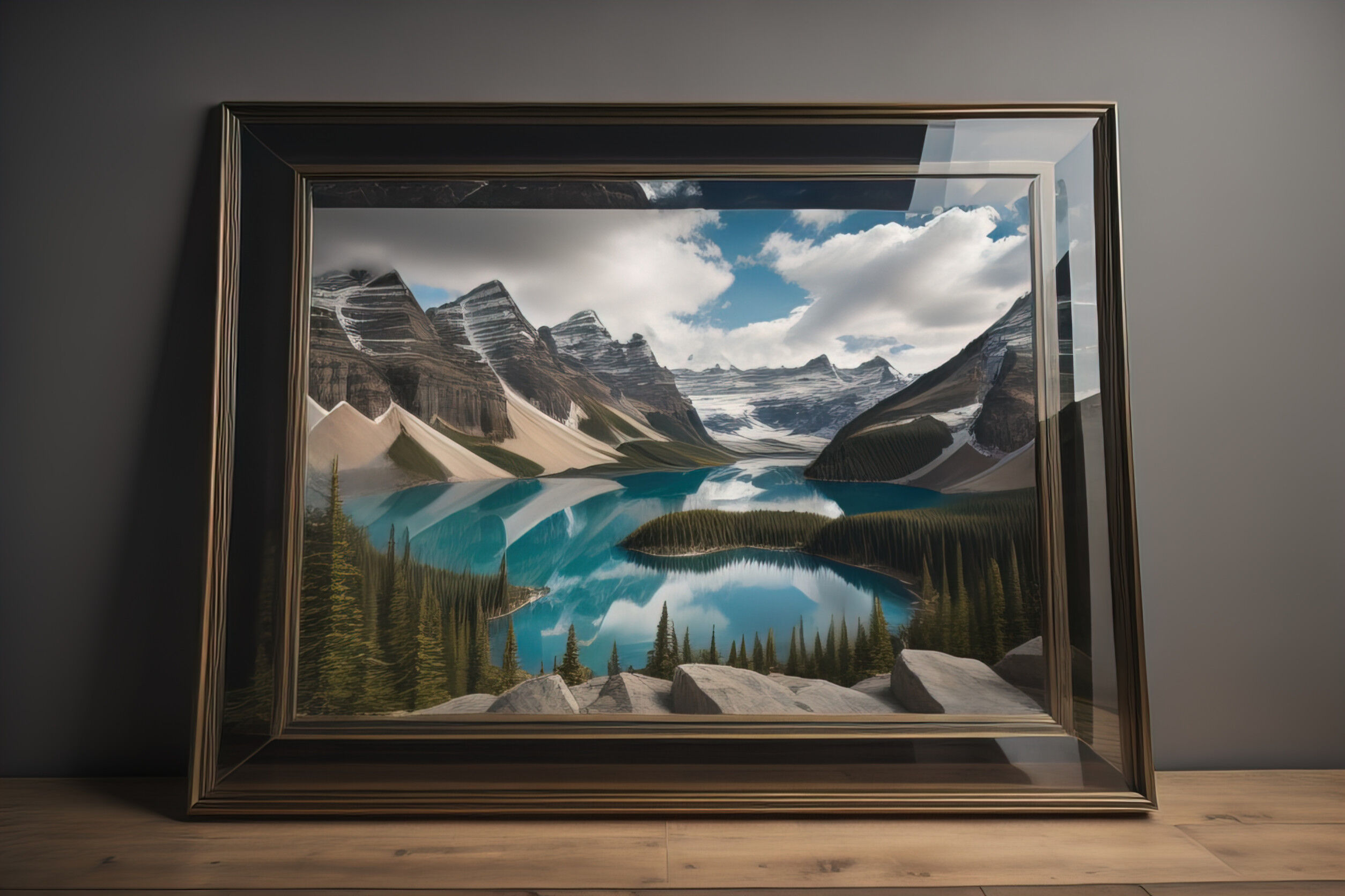 Glass picture frame on a solid color background. ai generative