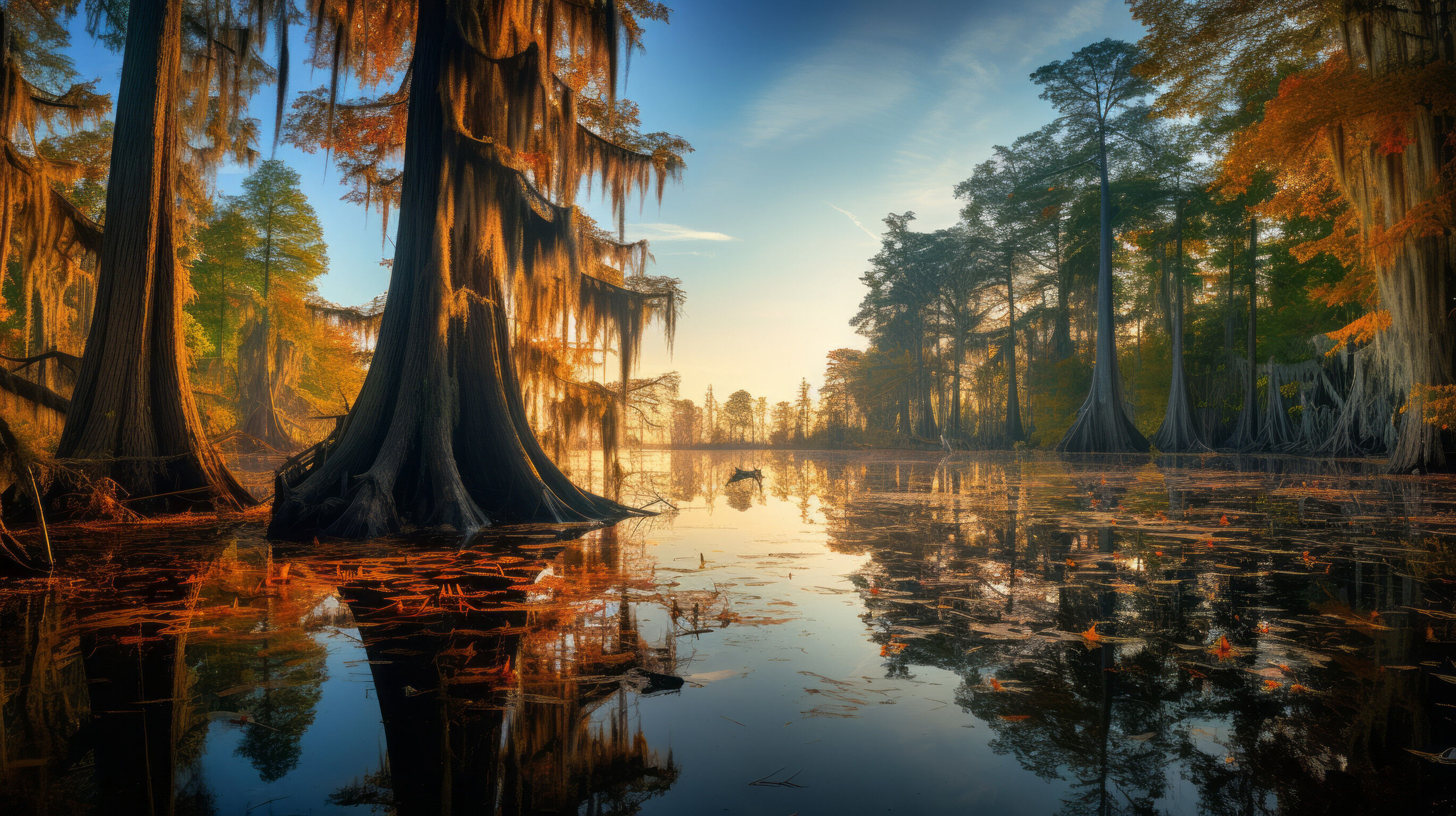 a serene lake in a swamp, surrounded by vibrant mahogany trees in full autumn splendor, reflects their colors on the calm water...