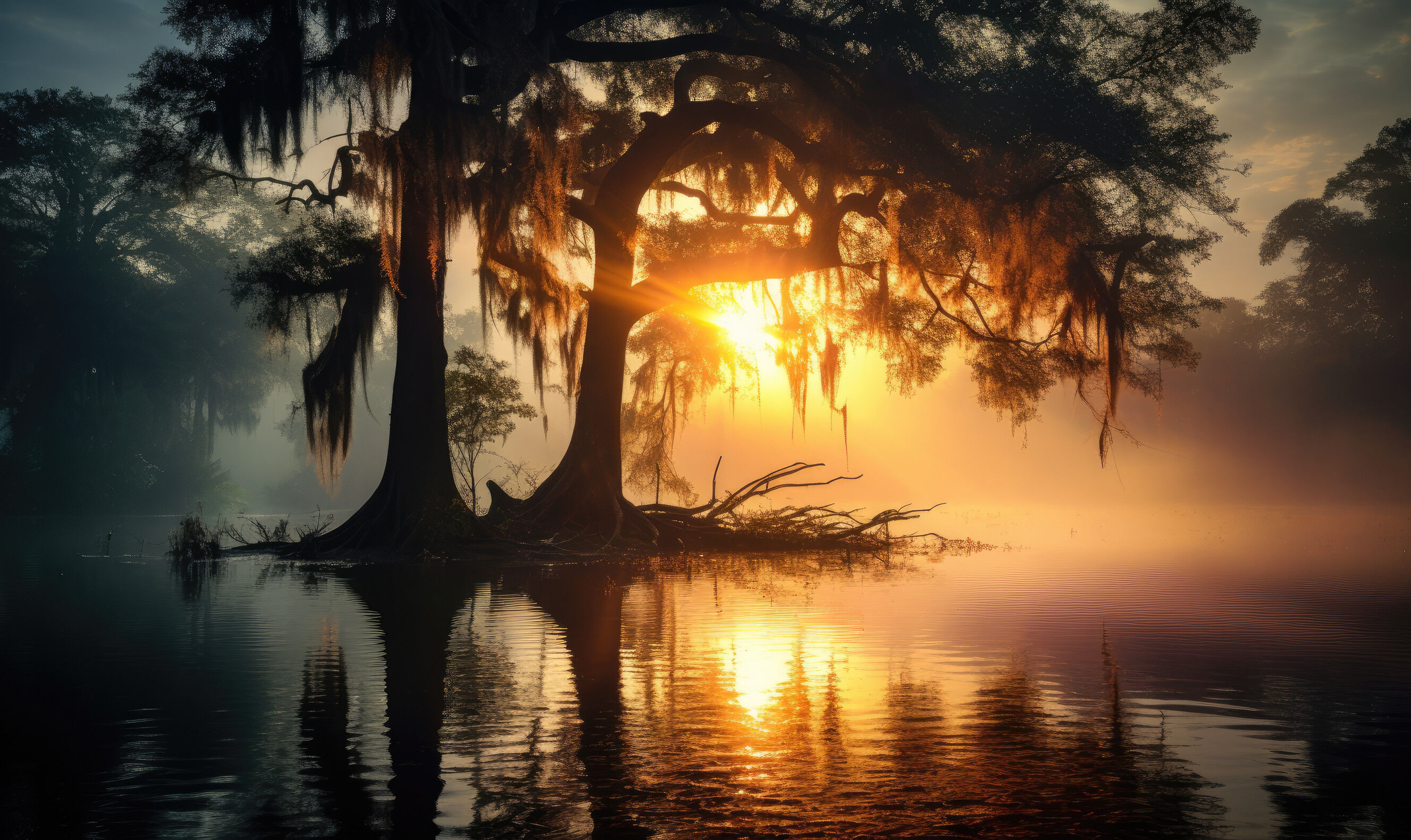 A large tree sitting in the middle of a lake