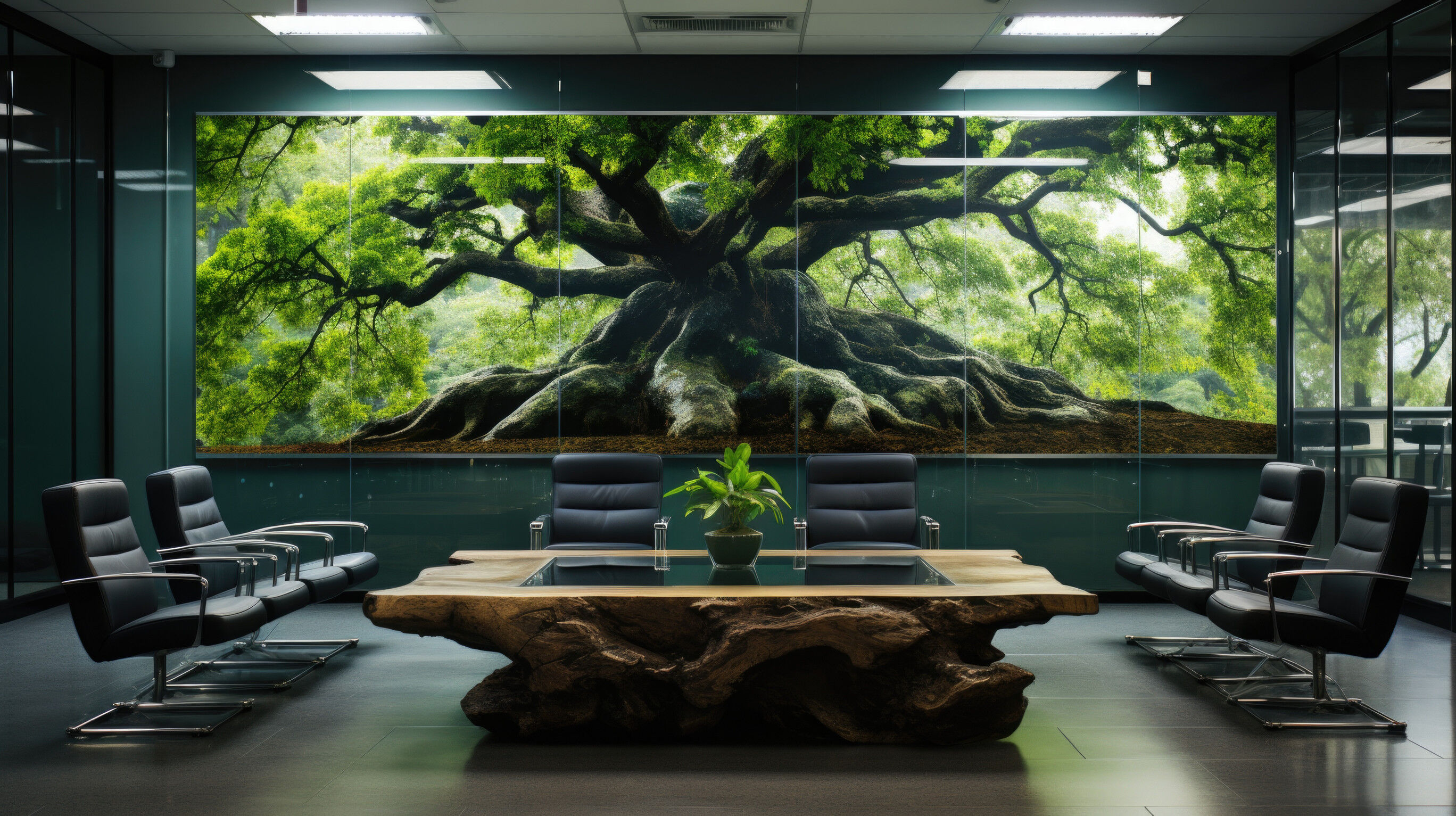 A large tree behind the office window